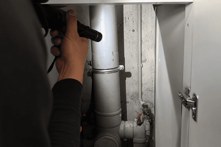 main tenant lampe torche inspectant colonne distribution