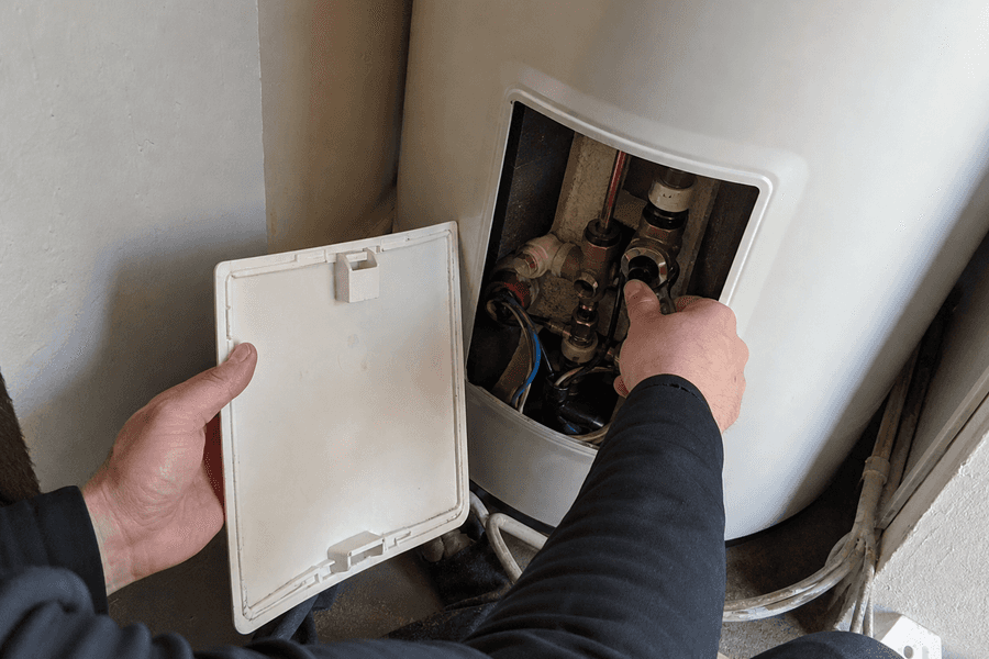 plombier démontant plaque d'accès chauffe-eau électrique