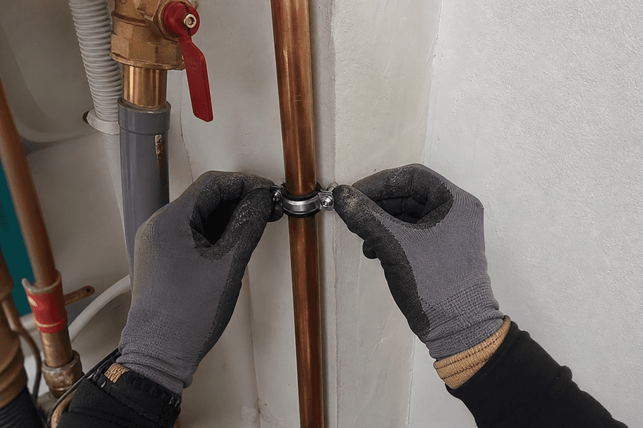mains gantées remettant bride fixation conduite apparente