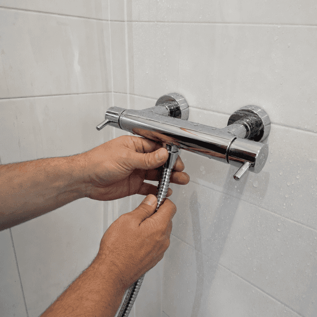 main guidant flexible de douche sur robinet mural